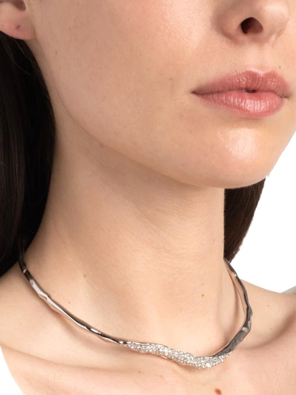 NEW Alexis Bittar Solanales Skinny Collar Necklace Molten Silver Clear CZ AU05